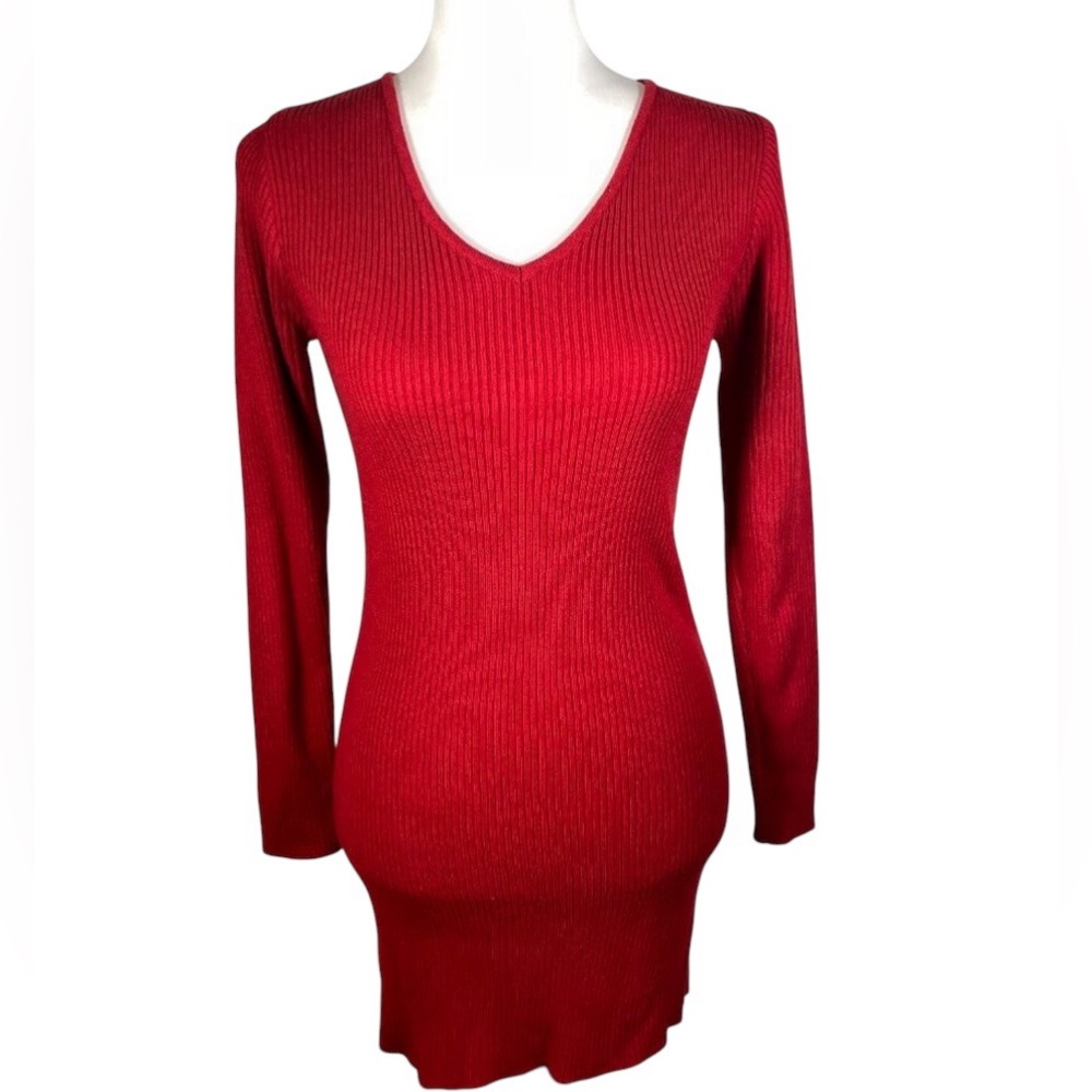 Lorenzo Red V Neck Ribbed Tight Knit Long Sleeve Pullover Sweater Dress S